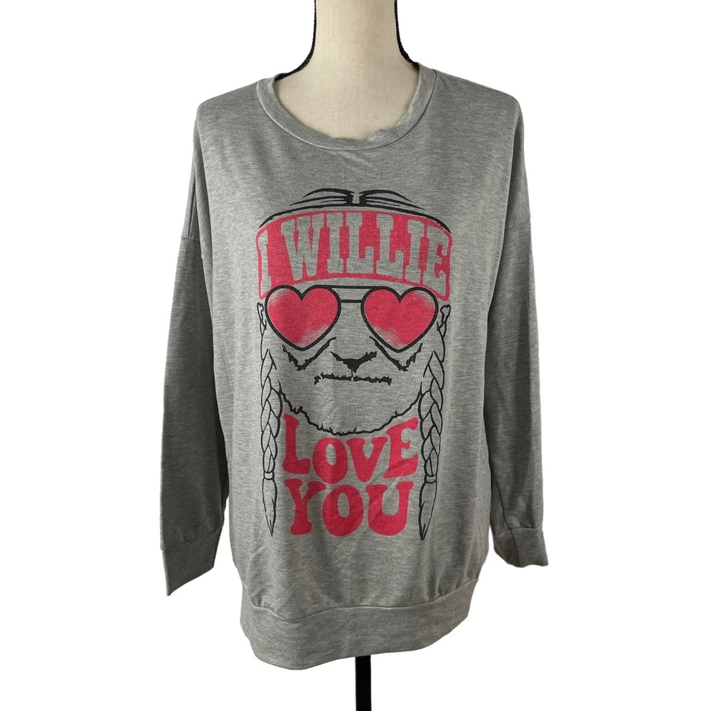 ZUTTER GRAY FRENCH TERRY "I WILLIE LOVE YOU" LONG SLEEVE TUNIC TOP LARGE